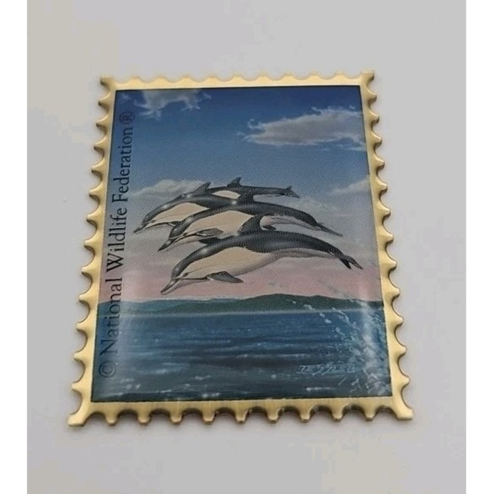 Vintage Enamel National Wildlife Federation Metal Photo Stamp Three Dolphin Leap